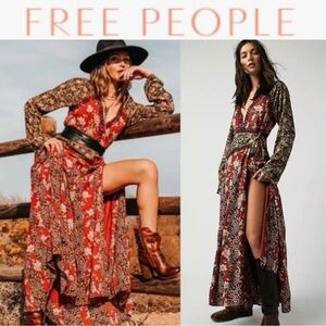 FREE PEOPLE TILDA FLORAL PATCHWORK  LONG BELL SLEEVE WRAP MAXI DRESS **NWT**